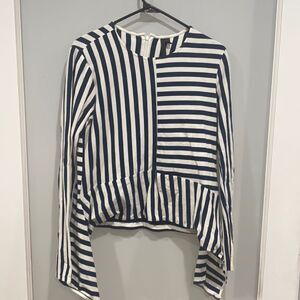 TopShop Blue White Stripe Bell Long Sleeve Round Neck Top Blouse Sz 8